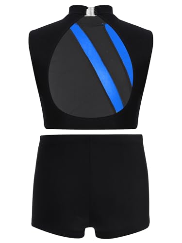 Kids Girls Gymnastics Outfit Set Glitter Metallic Crop Top with Shorts for Dance Stage Performances Royal Blue 10 Years4