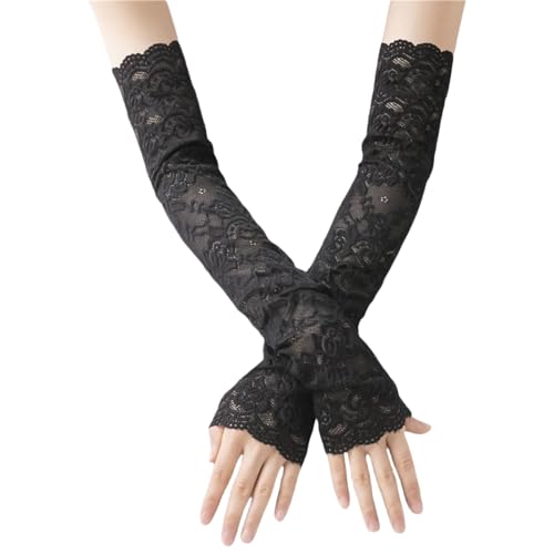 WANTUSHUI Spitze Armstulpen für Damen Lange Fingerlose Armstulpen Spitze Hochzeithandschuhe Brauthandschuhe Florale Spitzenhandschuhe Armstulpen Damen Sommer Arm Stulpen(Schwarz Einheitsgröße)