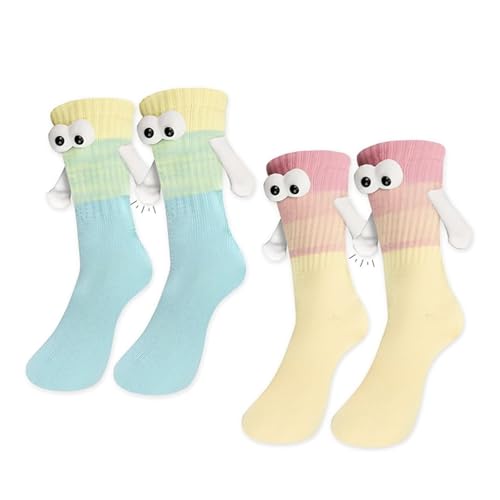 HIENAJ 2 Pairs Holding Hands Socks Funny Magnetic Couple Socks for Bestie Lovers Boyfriend Anniversaries Halloween Christmas Gifts(Yellow Blue)