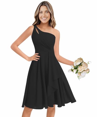 One Shoulder Short Bridesmaid Dresses for Women with Pockets Chiffon Ruffles Keyhole Pleated Formal Gowns WO097