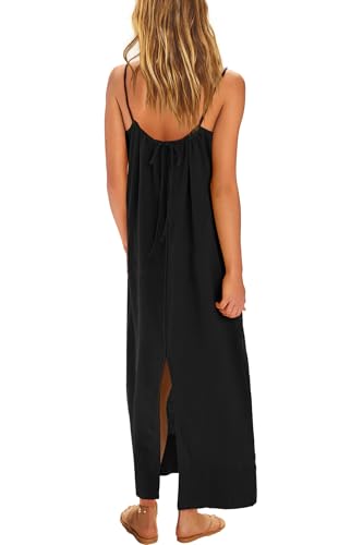 ReachMe Womens Linen Maxi Dress Summer Spaghetti Strap Long Dresses Square Neck Sleeveless Backless Dress with Slit4