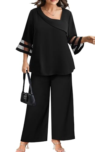 AOVDE Plus Size Pant Suits 2 Piece Casual Dressy Pantsuits Mesh Panel Bell Sleeve Outfits for Women Evening Dinner Party