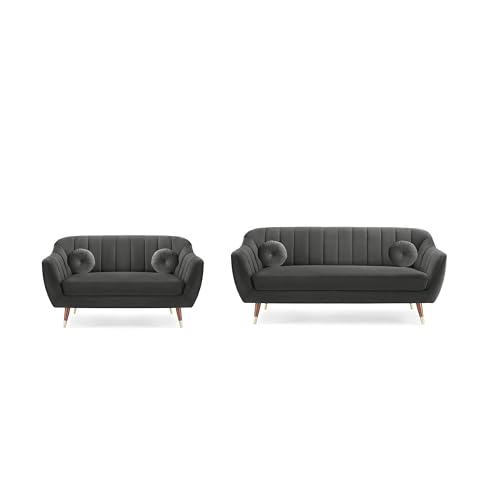 Image of AMATA Marino Solid Wood 3+2 Seater Grey Suede Velvet Fabric Sofa Set with Two Cushions Perfect for Home Office Guests Living Room (04 Grey, 3+2 Seater)(03 Year Warranty)