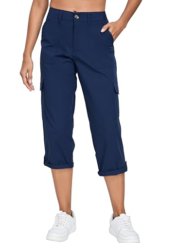 Oalka Women's Cargo Capri Pants Relaxed Fit Knit Waist Cropped Pant Casual Hiking Capris 23 Inches Navy Blue XL