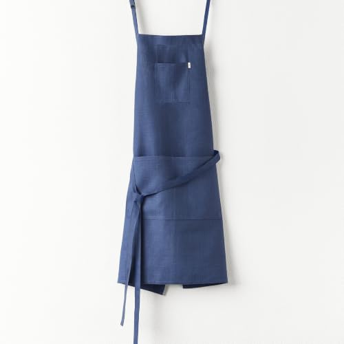 Solino Home 100% Linen Kitchen Apron Blue, Classic Linen Apron 32 x 27 in