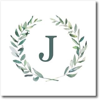 8x8 Iron on Heat Transfer for White Material - Wreath with monogram initial letter J in green on white background. Stamp City - monogram