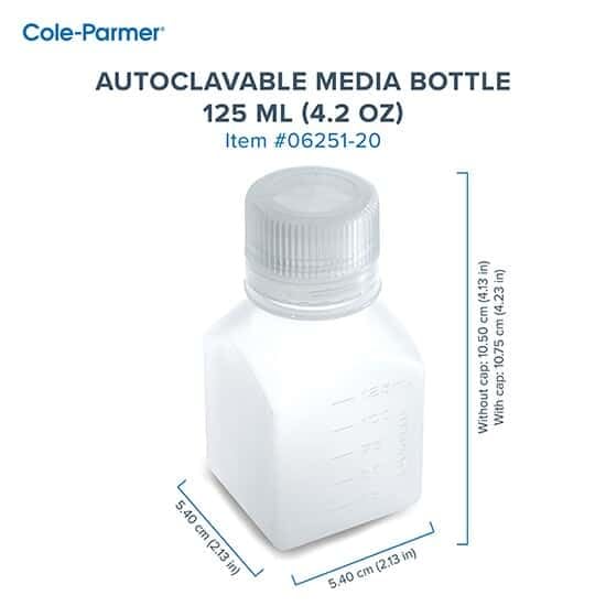 Cole-Parmer Autoclavable Media Bottles, Square Plastic, PPCO, 125 mL (4.2 oz); 12/Pk