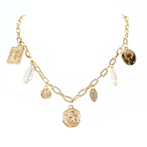 Gold Charm Necklace for Women Charm Necklace Boho Gold Vintage Pearl Head Portrait Square Pendant Necklaces Beach Necklaces Jewelry for Women