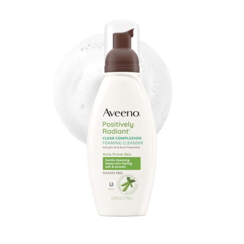 Aveeno Positively Radiant Clear Complexion Foaming Facial Cleanser, Oil-Free with Soy Extract & 0.5% Salicylic Acid, Hypoallergenic Acne Treatment Face Wash for Acne-Prone Skin, 6 Fl Oz