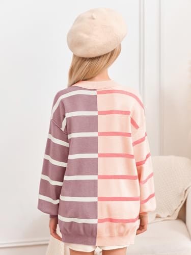 Image of Meikulo Girls Striped Color Block Pullover Sweaters Kids Oversized Fashion Knit Sweater Clothes 5-14 Years Pink