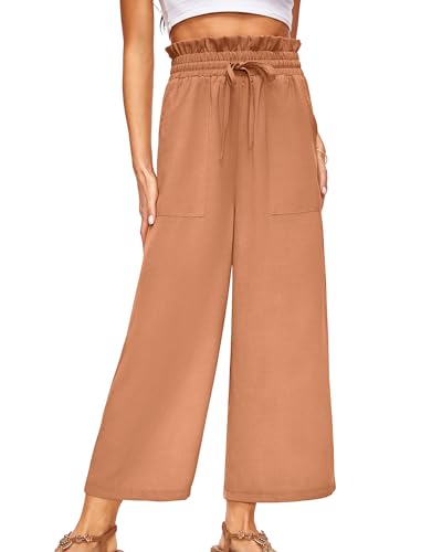 Women's Wide Leg Linen Pants Casual Loose High Elastic Waist Adjustable Knot Palazzo Trousers with Pockets