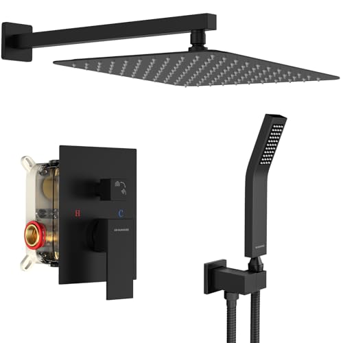 SR SUN RISE 12 Inches Matte Black Shower System 12 Inch Brass Bathroom Luxury Rain Mixer Shower Combo Set Wall Mounted Rainfall Shower Head System Shower Faucet Rough-in Valve Body and Trim Included