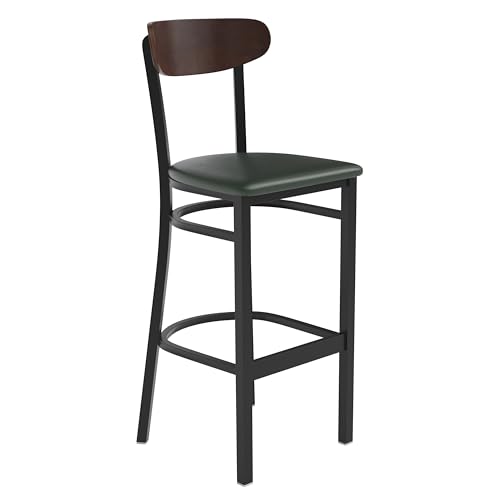Image of Flash Furniture Wright Commercial Barstool - Walnut Finish Wood Boomerang Back - Green Vinyl Seat - 500 LB. Capacity Black Steel Frame - Integrated Footrest