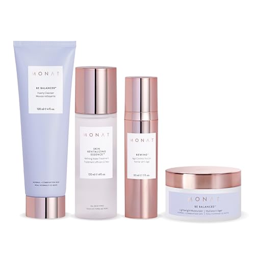 Monat BE BALANCED System for Normal & Combination Skin - Brighten & Renew, Includes Foamy Cleanser, Revitalizing Essence, Age Control Nectar, Lightweight Moisturizer