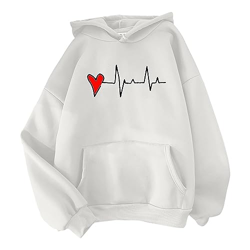 of The Day Sale Sweatshirts for Women UK Oversized Women'S Love Heart Printed Hoodie With Large Pocket Drawstring Top Hoodie Plus Size Black of Friday Sale 2024 (White, L)