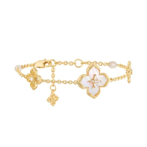 MYEARS Women Bracelet Gold Clover Flower Bead Sideways Charm Cubic Zirconia 14K Dainty Simple Thick Chain Everyday Trendy Lucky Jewelry