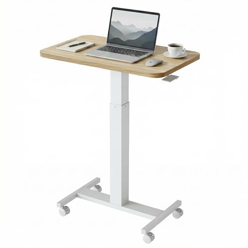 Image of HUANUO Small Rolling Laptop Standing Desk, Height Adjustable Mobile T-Base Desk with Lockable Casters, Portable Sit-Stand Workstation for Bedside & Sofa, Light Walunt