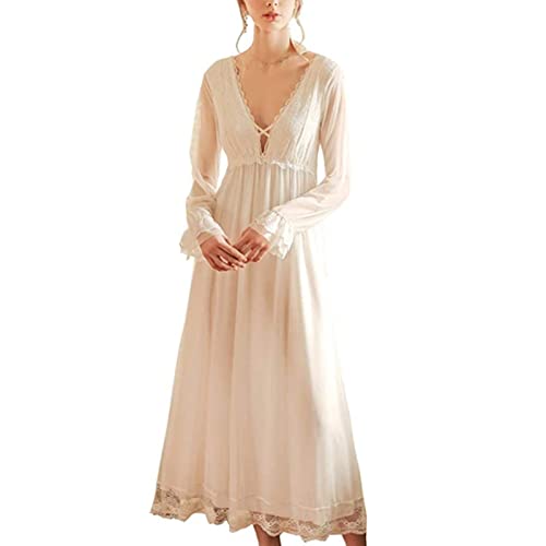 WERTYT Femmes années 1920 Vintage Victorien Coton Chemise de Nuit Sexy Deep-V Pure Manches Volants Manchette Dentelle Garniture Princesse Chemises de Nuit (L), Blanc Cover
