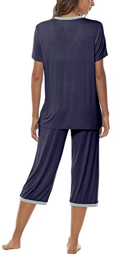 Image of JINSHI Women's Pajamas Set Short Sleeve Top and Capri Pants Lightweight Sleepwear Comfy Pjs Lounge Set with Pockets