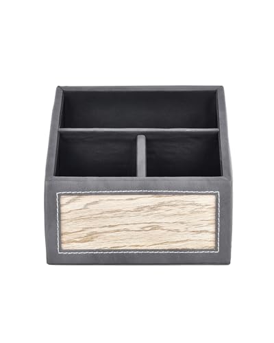 Image of Premsons Remote Holder - 3 Section Tabletop Organizer in Light Brown | Faux Leather with Refined Wooden Finish | Decorative & Practical Organizer - Grey