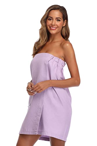 Image of Women's Bath Towel Wrap Waffle Spa Body Wrap with Adjustable Closure Quick Dry Lightweight Towel Robes with Pocket, Light Purple L /XL