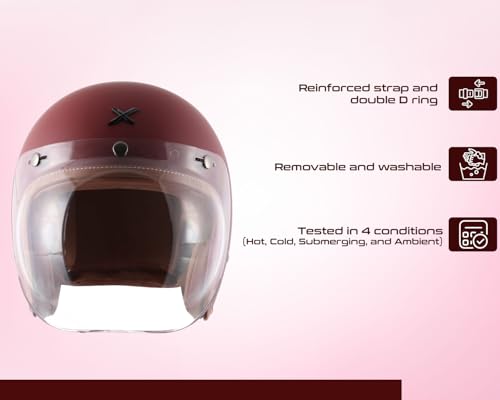 Image of Axor Retro Jet Leather ISI and DOT Certified Matte Finish Open Face Helmet for Men and Women with Clear Visor- Dull Chestnut Red -L