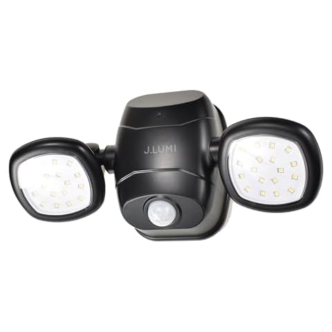 J.LUMI YCB2060 Battery Operated Motion Sensor Outdoor Light 2-Head, LED 5000K Daylight White, Motion Activated Security Light for Outside Garage Shed Yard Exterior Light, Black Cover