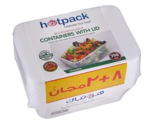 Hotpack Disposable Lunch Box, Food Storage, Microwavable Container 750ml with Lid, 8+2 Free Offer Pack