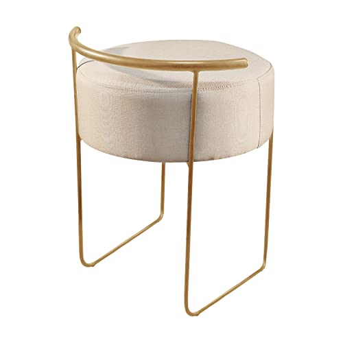 Puff Redondo Ivar em Linho e Base Metal Dourado Agarb Decor Cor:Linho Bege Claro