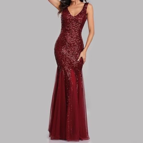 Robe fluide en queue de poisson pailletée décolleté maille sans manches