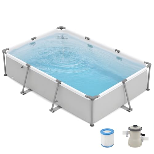 SOARS Rechteckiger Pool, oberirdischer Pool, 300 x 207 x 66 cm, Struktur aus Metall, widerstandsfähiges PVC, mit Pumpe und Filter, grau