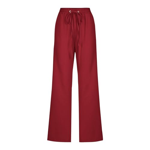 Womens Linen Cotton Pants Drastring Waist Solid Color Loose Pants with Pockets Straight Wide Leg Trousers Casual L-6582