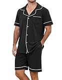 TeJoyce Pijama Hombre Corto Algodon para Verano, Ropa de Dormir Dos Piezas, Conjunto Manga Corta Camiseta Abierto Delante con Botones y Shorts con Bolsillos, Suave y Cómodo (Negro, S)