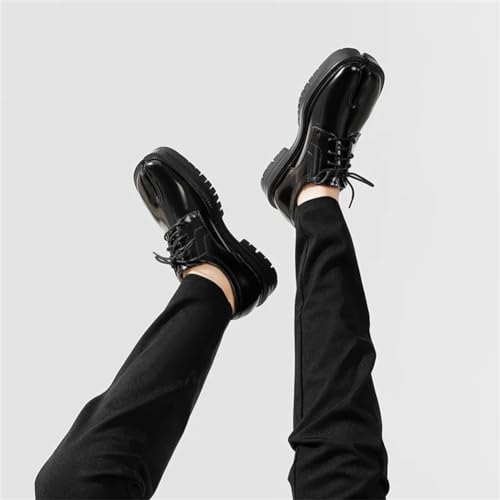 Image of Kluolandi Split Toe Loafers for Women Tabi Shoes Platform Chunky Heel Loafers Lace Up Business Casual Black Leather Shoes
