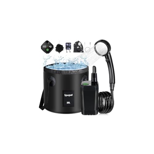 Spopal Regadera Portátil Recargable, [Cubo Plegable 20L] 6000mAh Ducha Portátil para Camping con 4 Velocidades, Pantalla LED, IPX7 Kit de Ducha Portatil para Senderismo,...