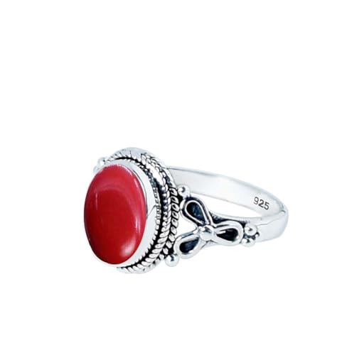 Significato della pietra preziosa: il colore rosso del corallo simboleggia passione, forza e forza vitale, ed è un simbolo di vitalità e protezione. Si dice che il corallo riduca lo stress e le paure e combatta nervosismo, depressione, panico e incubi. Stile: boemo, Dimensioni della pietra: 7*9, Peso della pietra: 2-3 ct.