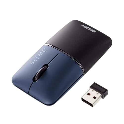 サンワサプライ モバイルマウス Bluetooth/ワイヤレス(USB A)接続 コンボ(デュアルモード)タイプ 充電式 薄型・コンパクト ネイビー SLIMOシリーズ MA-WBBS310NV