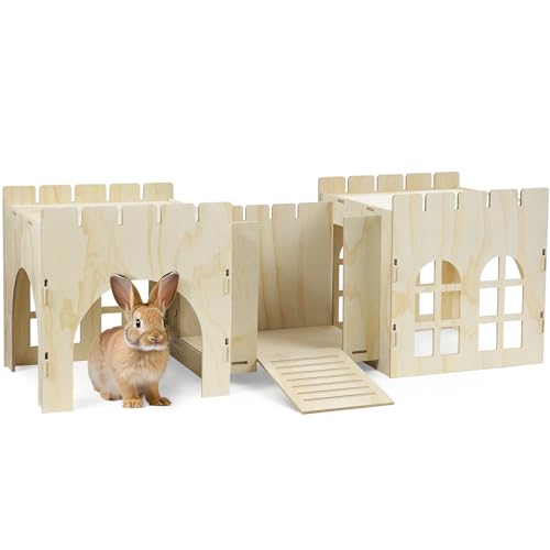 Navaris Abri Lapin Bois - Maison cabane 114 x 40 x 38,5 cm avec 2 cachettes pour Lapin Nain Cochon d'Inde Rongeur en Bois - Château avec Porte fenêtre Pont escaliers Toit