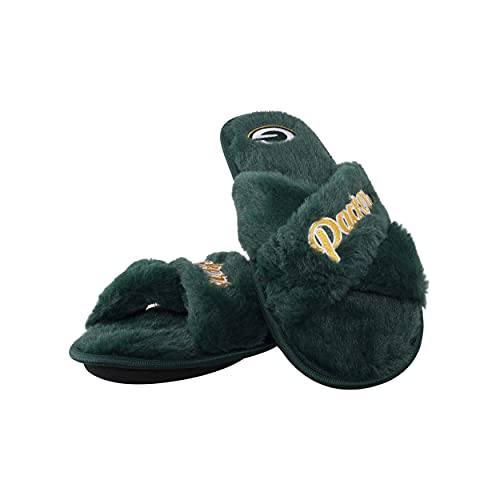 Image of FOCO Womens NFL Team Script Wordmark Fuzzy Cross Slide Slippers