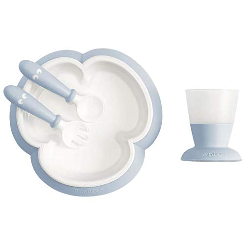 Image of BabyBjörn Baby Feeding Set, 4 pcs, Powder Blue | Includes Baby Plate, Baby Fork, Baby Spoon, and Baby Cup | Dishwasher Safe | Toddler Feeding Set for self-Feeding or Baby-led weaning