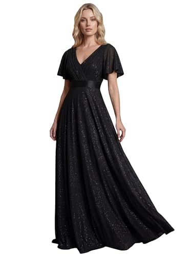 Ever-Pretty Women's Summer Glitter Formal Dresses Evening Gown V Neck Short Sleeves A-Line Floor Length Mother of Bride Dress Black US10