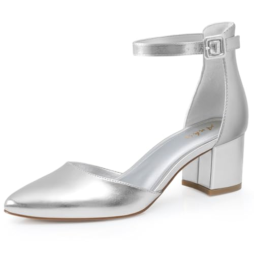 Image of Ankis Closed Toe Heels for Women, 2.25 Inch Low Block Chunky Dress Pumps | Black Nude White Gold Silver Pointed Toe Design, Soft Insole, Adjustable Ankle Strap, Classic Versatile, For Formal Daily
