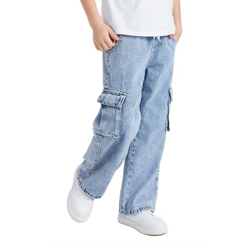 Boys Baggy Cargo Jeans Wide Leg Straight Denim Trousers Vintage Streetwear Pants with Multi Pockets4