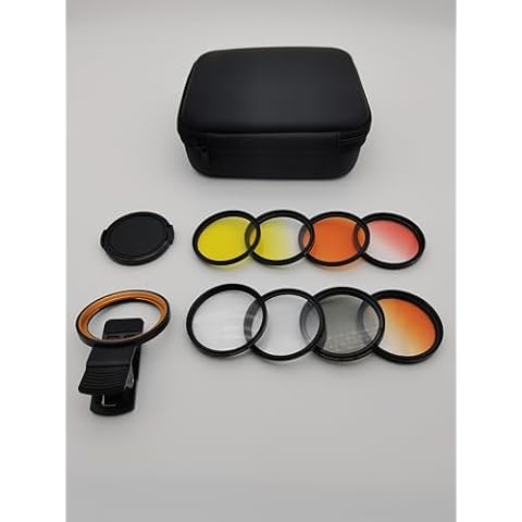 Saricho Reef Coral Lens for Phone, Smartphone Camera Reef Lens,11 Kits in a Whole Coral Reef Filter Lens Set，1 Dust Case 2 Clips 8 Lenses Yellow,Orange,Gradual Yellow Orange Pink,Star6,CPL,Macro Cover