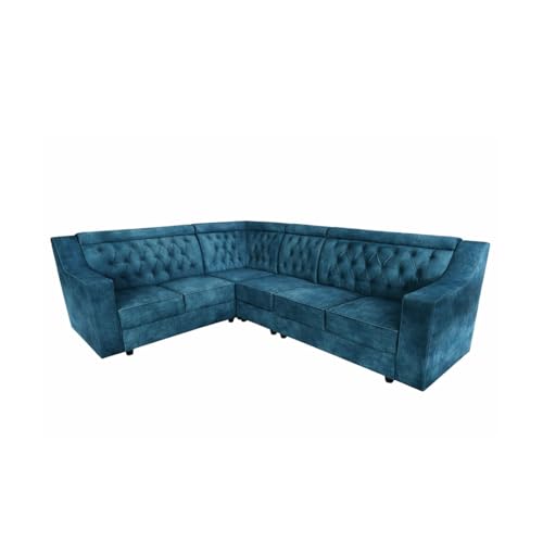 Image of APRODZ Wooden Sofa Set 6 Seater for Living Room, Solid Wood L Shape Sectional Sofa with Velvet Fabric Upholstery, Cushioned Seating for Home, Office & Lounge, Blue