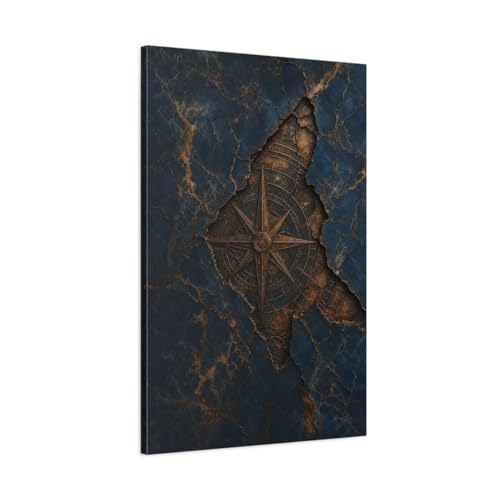 Tableau vintage rose des vents bleu et or pour grand mur de bureau
