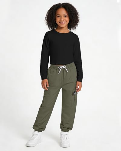 Image of Betusline Girls Fall Winter Clothing Sets, Long Sleeve Crop Top & Cargo Jogger Pants 2 Piece Outfit Sets,4T-14Y