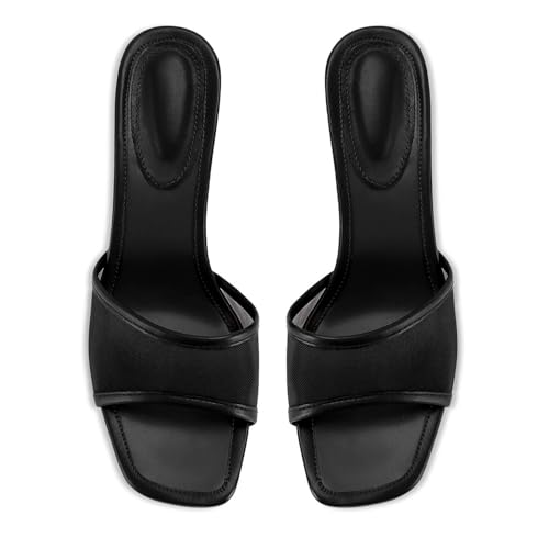 Image of Dsevht Black Kitten Heel Sandals Stiletto Low Heels Slip On Slides Mule Sandal Square Open Toe Dress Shoes for Women