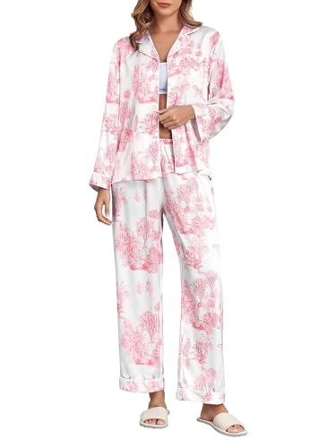 Image of Brosloth Women's Silk Satin Pajamas Pjs Sets Cute Lace Pattern Two Piece Loungewear Set Button Up Pajamas Sleepwear Black