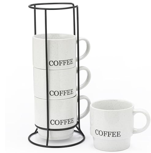 Signature Housewares Stackable Coffee Mug Tower Set with Metal Wire Rack - 15 Ounce Coffee Mugs for Coffee, Tea, Cocoa, Milk, Cappuccino, Hot Chocolate Set of 4 - White Coffee by Signature Housewares - Used condition - US$18.63